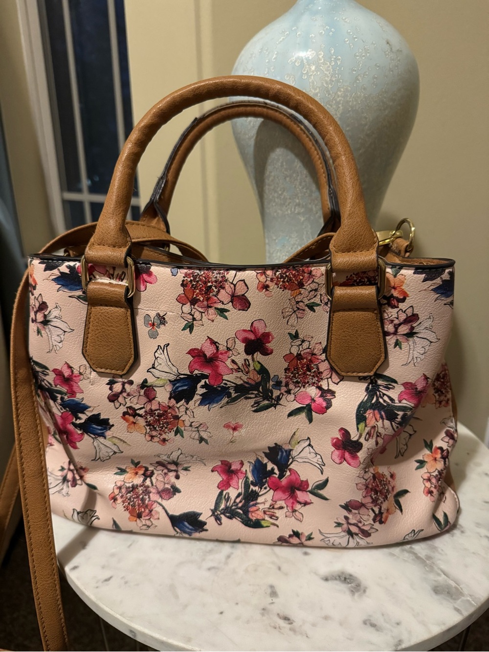 Floral Pink Tote Bag with Tan Trim